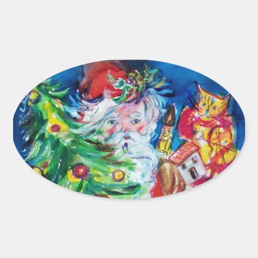 SANTA MIT CHRISTMAS TREE UND GIFTS OVALER AUFKLEBER (Vorderseite)