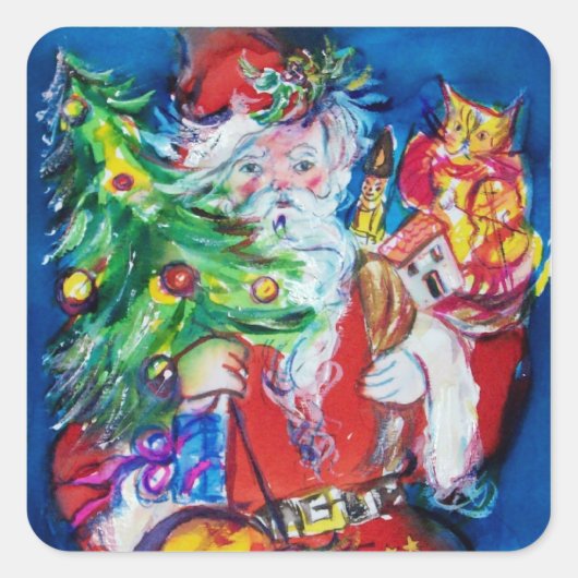 SANTA MIT CHRISTMAS TREE UND GIFTS QUADRATISCHER AUFKLEBER (Vorderseite)