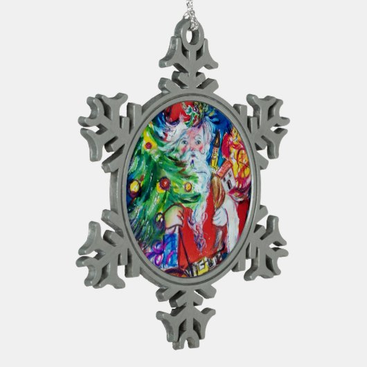 SANTA MIT CHRISTMAS TREE UND GIFTS SCHNEEFLOCKEN Zinn-Ornament (Links)