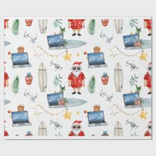 Santa mit Computer und Surfboard an Weihnachten Geschenkpapier