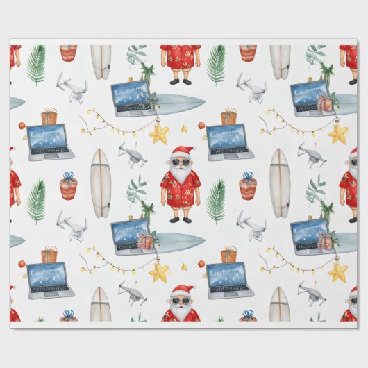 Santa mit Computer und Surfboard an Weihnachten Geschenkpapier (Flach)