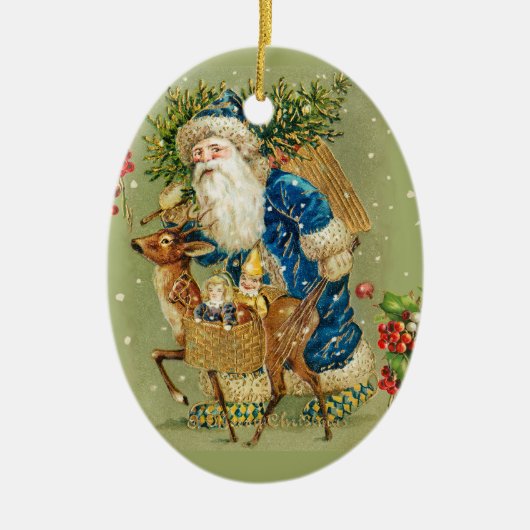 SANTA MIT DEER UND CHRISTMAS GIFTS IM WINTERSCHNEE KERAMIK ORNAMENT (Vorne)
