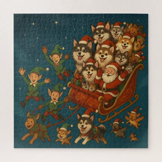 Santa mit fröhlichen Hunden und Elfen! Puzzle (Vertikal)