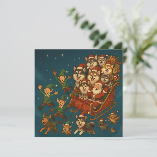 Santa mit fröhlichen Hunden und Elfen! Save The Date (Stehend Vorderseite)