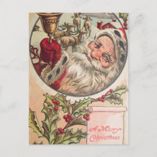 Santa mit Glocke und Stechpalme Feiertagspostkarte