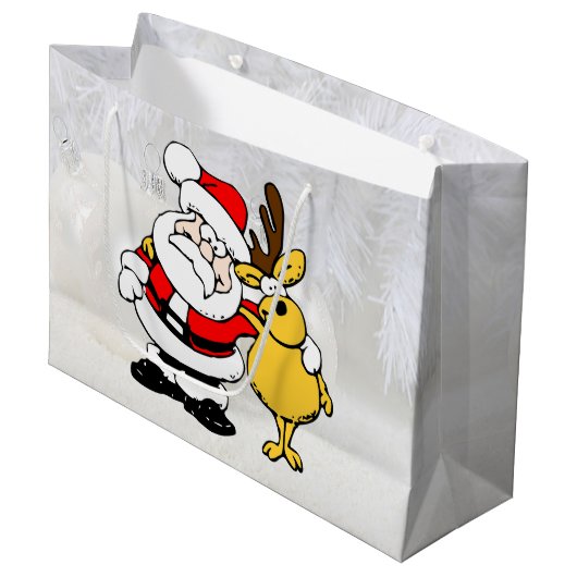 Santa mit Hirsch Cartoon große Geschenktasche Große Geschenktüte (Vorderseite Schrägansicht)