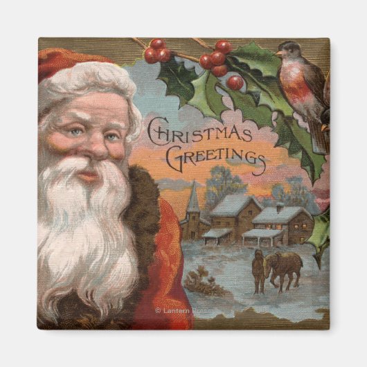 Santa mit Holly, Dorfszene Magnet (Vorne)