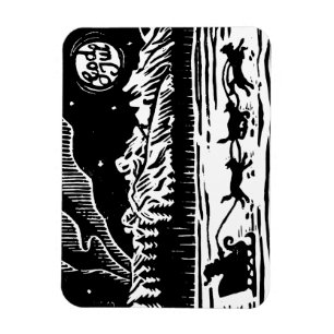 Santa mit Hund Sleigh in der arktischen Lino Print Magnet
