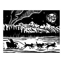 Santa mit Hund Sleigh in der arktischen Lino Print