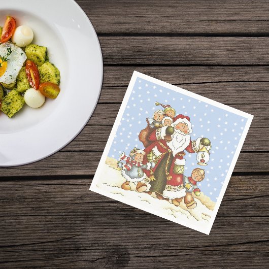 Santa mit Lattern Kinder im Schnee fallen Serviette