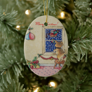 Santa mit niedlichen Weihnachtswelpen Keramik Ornament