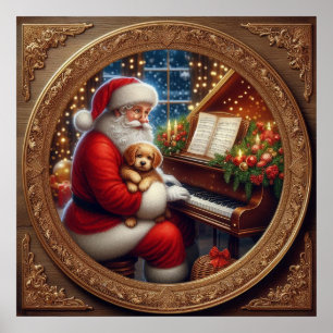 Santa mit Puppie am Piano Poster