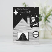 Santa mit Sack auf dem Dach schwarz-weiße Weihnach Einladung (Stehend Vorderseite)