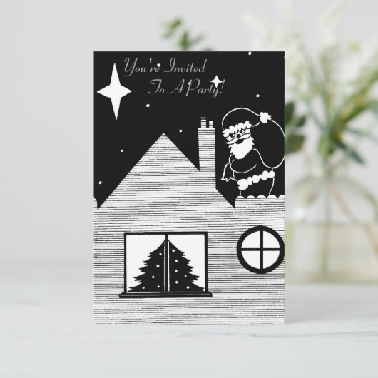 Santa mit Sack auf dem Dach schwarz-weiße Weihnach Einladung (Stehend Vorderseite)
