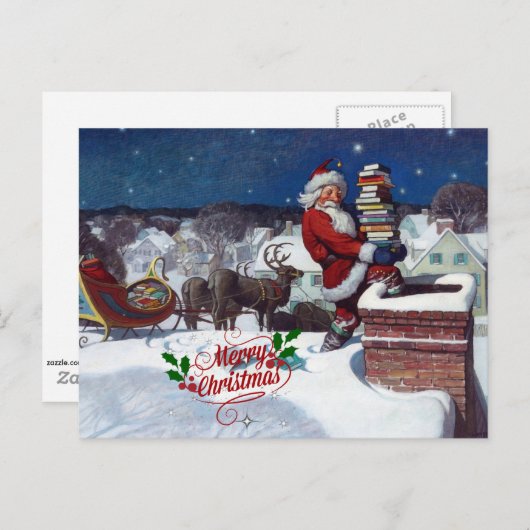 Santa mit Schlitten voller Bücher, Frohe Weihnacht Postkarte (Vorne/Hinten)