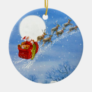 Santa mit seinem fliegenden Rentier-Ornament Keramik Ornament