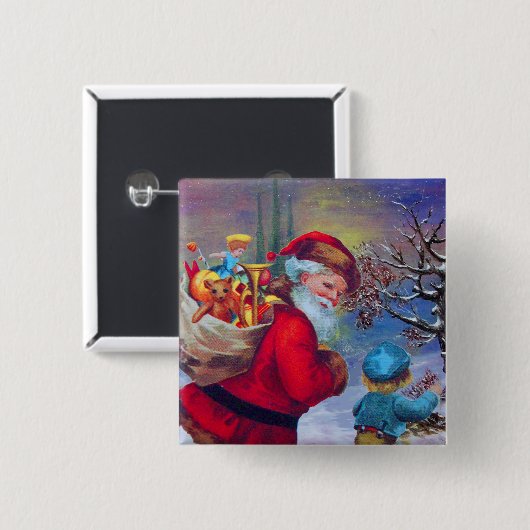 SANTA MIT SPIELZEUGEN UND KINDERN IM WINTERSCHNEE BUTTON (Vorne & Hinten)