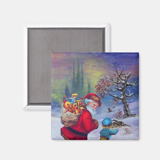 SANTA MIT SPIELZEUGEN UND KINDERN IM WINTERSCHNEE MAGNET (Vorderseite/Rückseite)