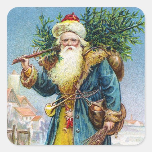 Santa mit Tannenbaum Quadratischer Aufkleber (Vorderseite)