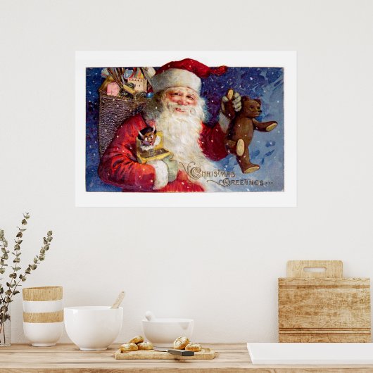 Santa mit Teddy und Krampus in einer Box Poster (Küche)