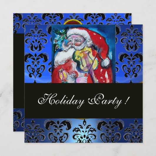 SANTA MIT VIOLIN, BLUE BLACK DAMASK MONOGRAMM Ruby Einladung (Vorne/Hinten)
