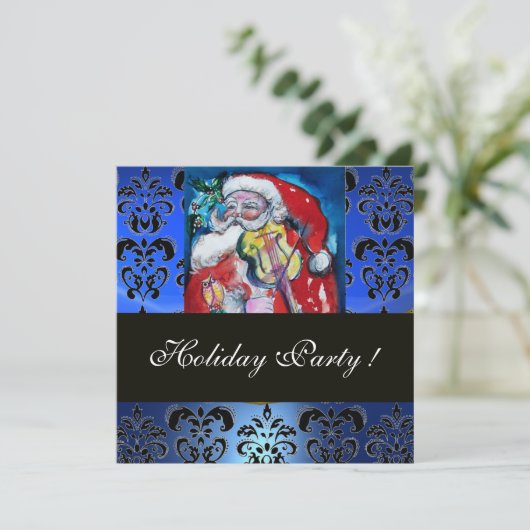 SANTA MIT VIOLIN, BLUE BLACK DAMASK MONOGRAMM Ruby Einladung (Stehend Vorderseite)