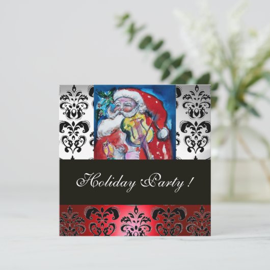 SANTA MIT VIOLIN ,RED BLACK DAMASK MONOGRAMM Ruby Einladung (Stehend Vorderseite)