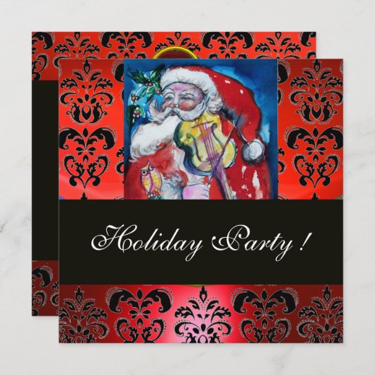 SANTA MIT VIOLIN ,RED BLACK DAMASK MONOGRAMM Ruby Einladung (Vorne/Hinten)