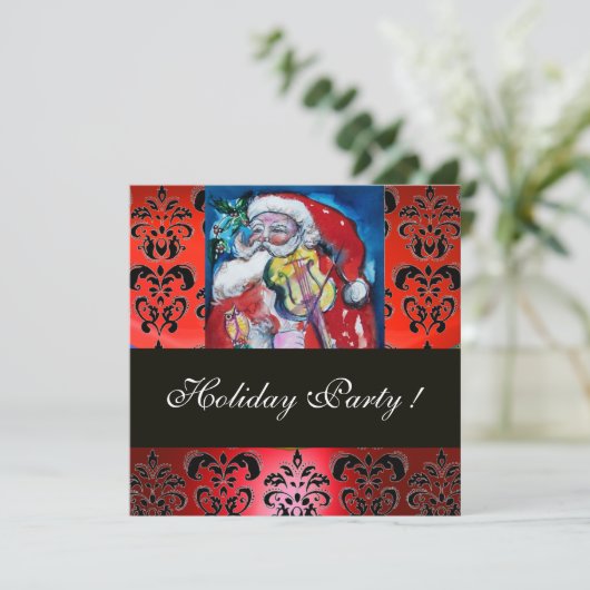 SANTA MIT VIOLIN ,RED BLACK DAMASK MONOGRAMM Ruby Einladung (Stehend Vorderseite)