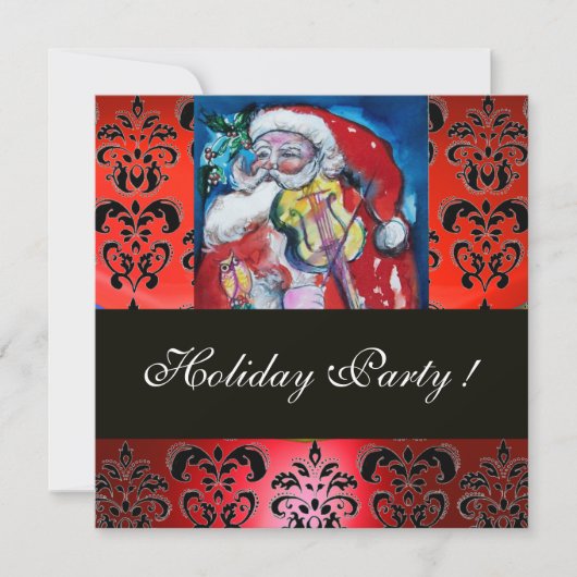SANTA MIT VIOLIN ,RED BLACK DAMASK MONOGRAMM Ruby Einladung (Vorderseite)