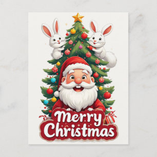 Santa mit zwei Kaninchen Weihnachtsbaum Postkarte