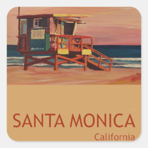 Santa Monica Beach Retro Poster Quadratischer Aufkleber
