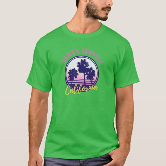 Santa Monica California Retro Sunset and Palm Tree T-Shirt (Vorderseite)