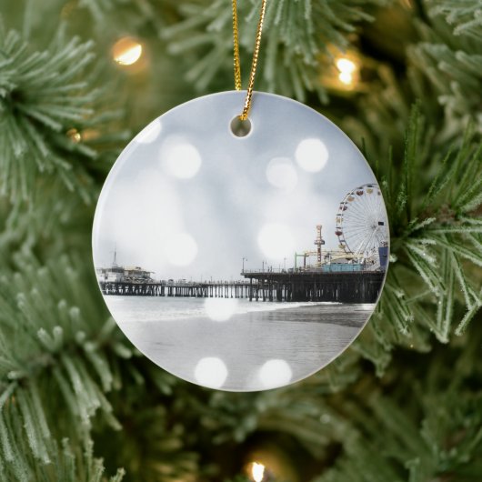 Santa Monica Pier - Graues Glitzern Foto Edit Keramikornament (Baum)
