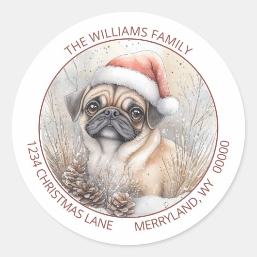 Santa Mops Hund Schnee Winter Watercolor Szene Runder Aufkleber (Vorderseite)