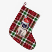 Santa Mops Kariert Weihnachten Großer Weihnachtsstrumpf (Vorderansicht (hängend))