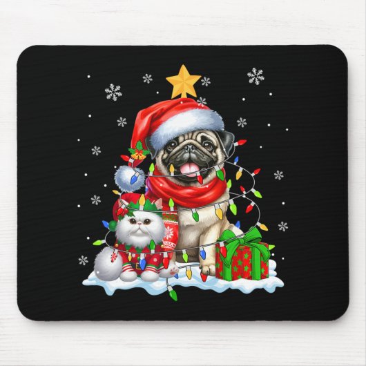 Santa Mops mit Elf Katze Weihnachtsleuchten Besitz Mousepad (Vorne)