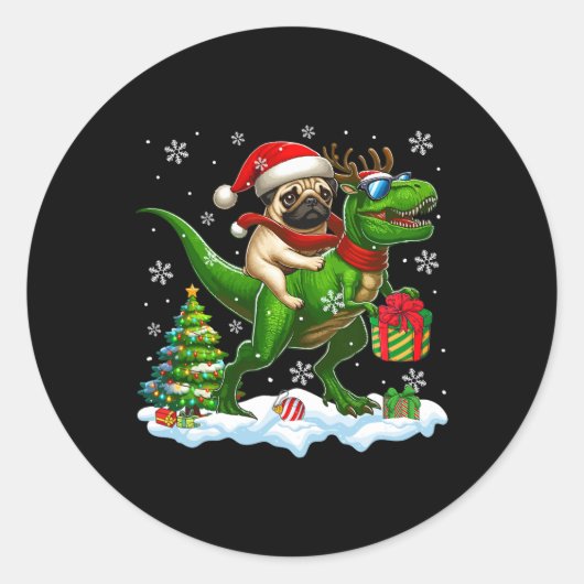 Santa Mops Riding Rentier T-rex Weihnachtskids Tod Runder Aufkleber (Vorderseite)
