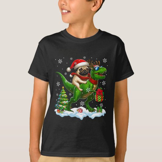 Santa Mops Riding Rentier T-rex Weihnachtskids Tod T-Shirt (Vorderseite)