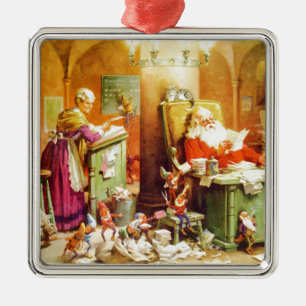Santa & Mrs. Claus & die Elfen überprüfen seine Li Silbernes Ornament