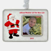 Santa Nice List Schneeflocken: Roter Text Rahmen-Ornament Silber (Vorderseite)