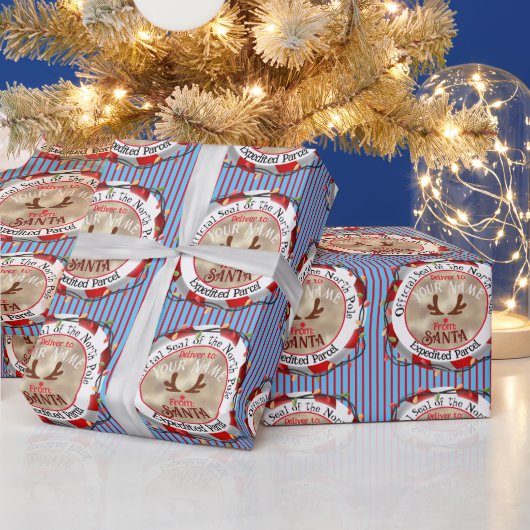 Santa Offizielles Siegel Rudolph auf Blue & Red St Geschenkpapier (Feiertage)