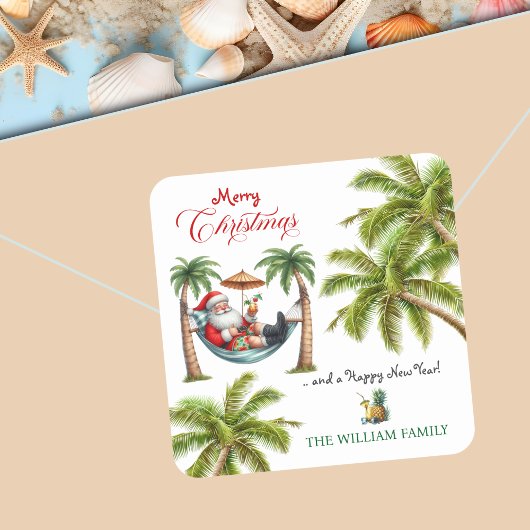 Santa on a Tropical Island Christmas Quadratischer Aufkleber
