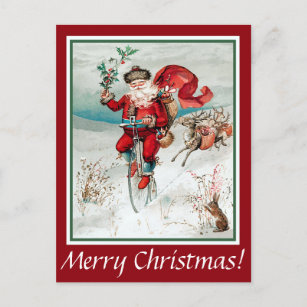 Santa on Bicycle mit Kaninchen und Rentier Postkar Postkarte