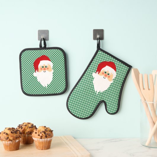 Santa on Green Gingham Karos Design Ofenhandschuh & Topflappen-Set (Insitu (Hängend))