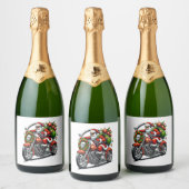 Santa on Motorcycle Christmas Biker Schaumweinetikett (Flaschen)