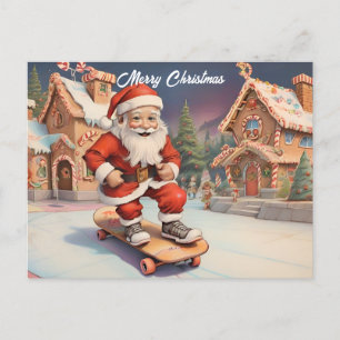Santa on Skateboard Lebkuchen Haus Hintergrund Feiertagspostkarte