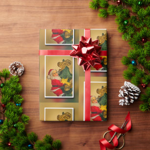 Santa on Xmas Tree, Vintag Gold Rot und Grün Geschenkpapier