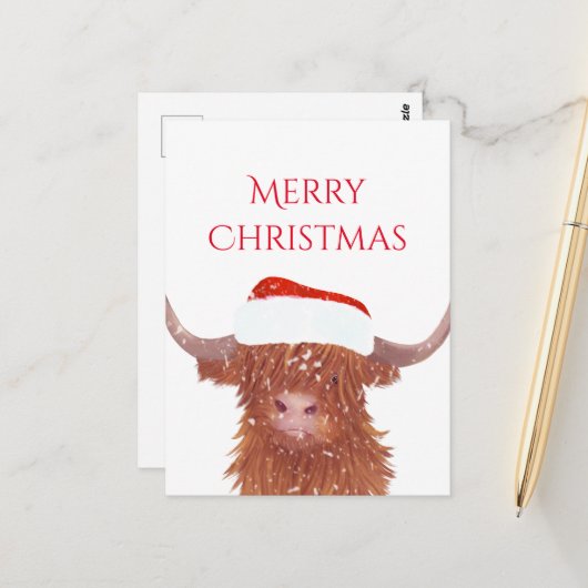 Santa Orange Highland Cow Frohe Weihnachten Postkarte (Vorderseite/Rückseite Beispiel)