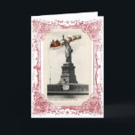 Santa Over New York American Christmas Card Feiertagskarte<br><div class="desc">Ein großer Vintager Weihnachtsmann und seine Rentiere mit einem Schlitten voller Spielzeuge fliegen an einem Vintagen Foto der Freiheitsstatue in New York auf dieser bezaubernden Weihnachtskarte vorbei. Die Innenseite ist leer für Ihre persönliche Nachricht. Es gibt auch eine Paris, Rom und London Version der Karte sowie eine internationale und internationale/Texas...</div>